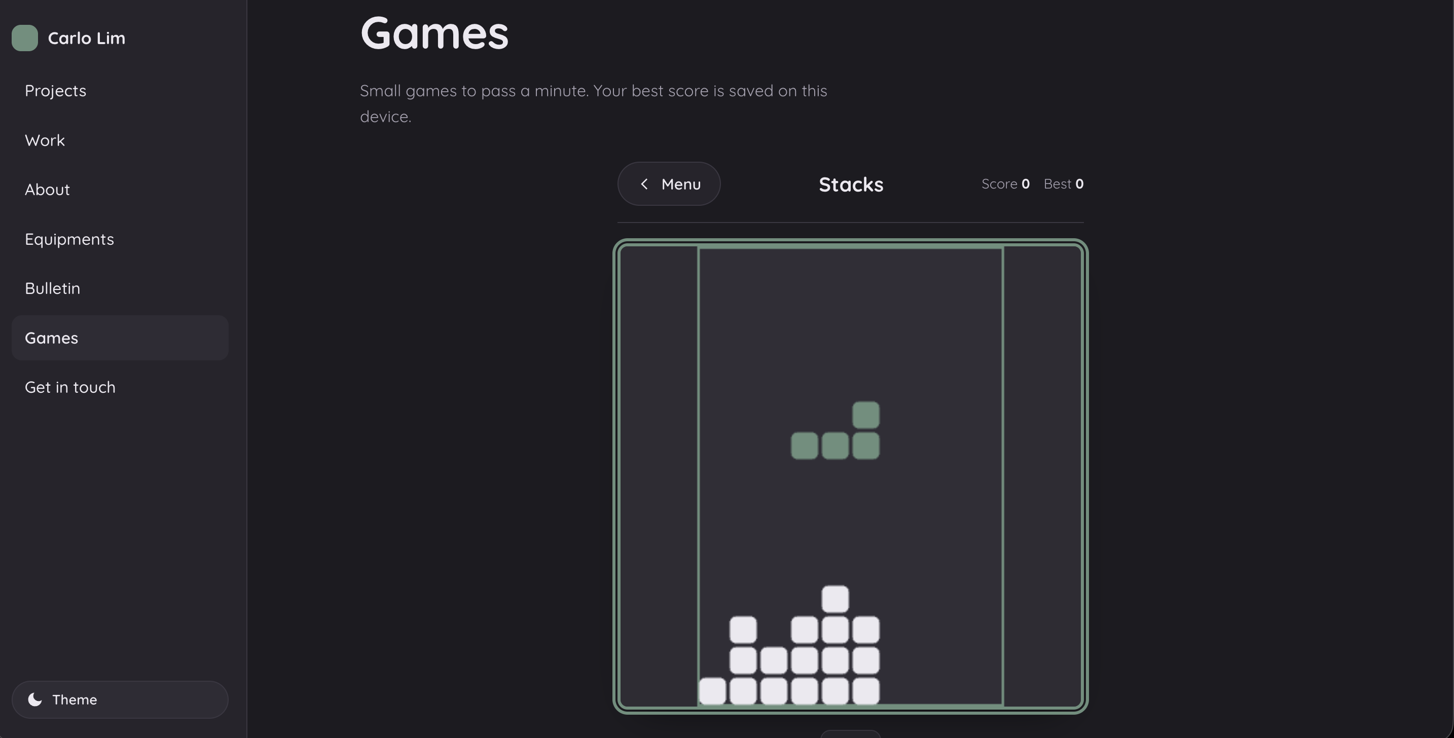Stacks, one of the small in browser games built into the Gin layout
