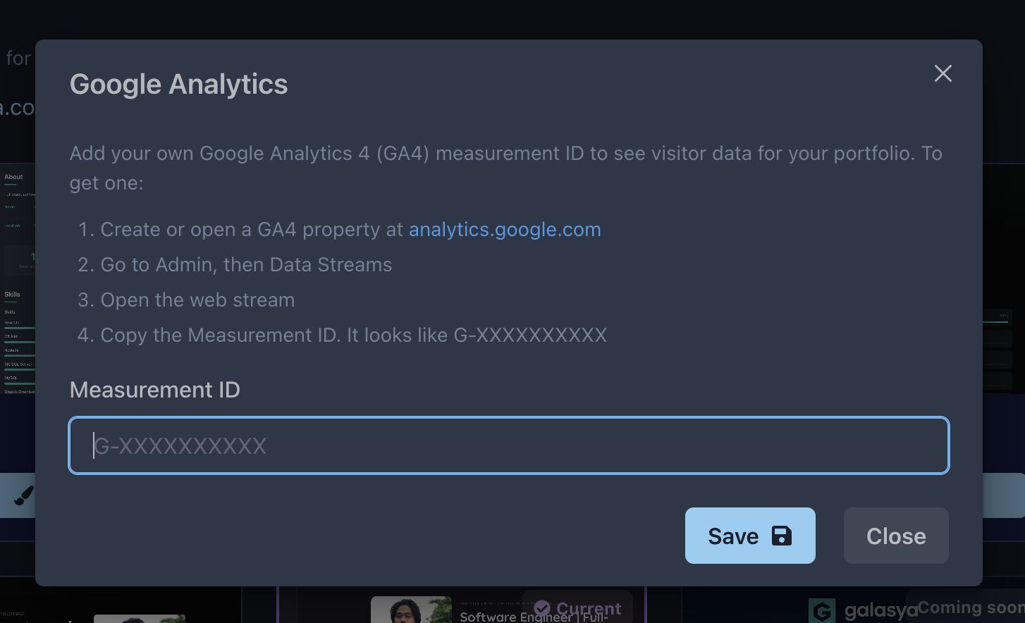 The Google Analytics dialog where you add your own GA4 measurement ID from the Layouts page