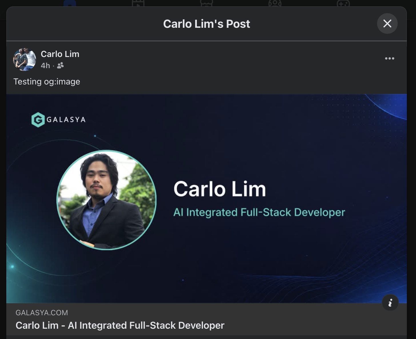 A Galasya portfolio link shared to Facebook, showing the automatically generated preview card with photo, name, and title