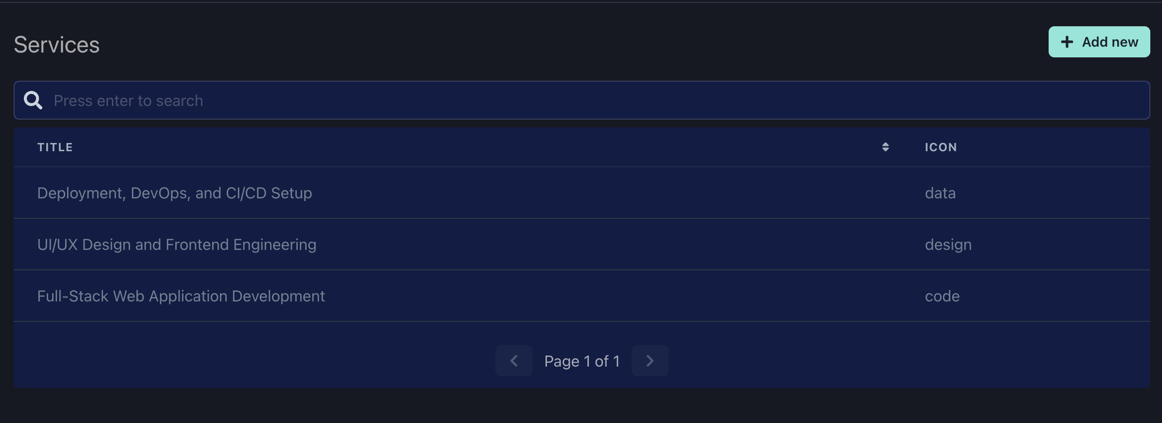 The Services section showing example listings for Deployment, DevOps, and CI/CD Setup, UI/UX Design and Frontend Engineering, and Full-Stack Web Application Development